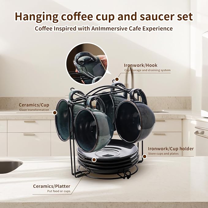 4 Sets of 8 oz Green Reactive Glaze Coffee Cups with Saucers, Ceramic Espresso Cups Set with Black Metal Stand – Unique Variegated Finish Stoneware Demitasse for Latte, Cappuccino or Gift