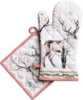 Maison d' Hermine 100% Cotton Oven Mitt & Pot Holder Set (7.5"x13" & 8"x8") Heat Resistant BBQ Cooking Gloves with Loop for Thanksgiving Christmas Decorations Handling Hot Pans (Rural Christmas)