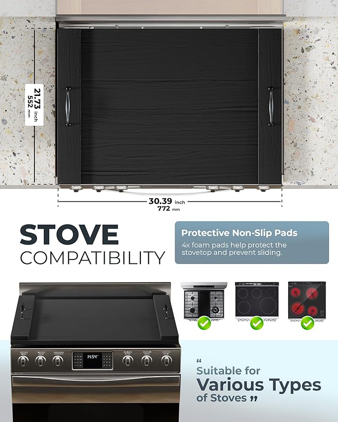 BLUEWEST Gas Stove Burner Covers, Wooden Noodle Board Stove Cover, Wooden Electric Stove Top Cover for Counter Space with Handle, Extra Thick Natural Acacia Wood Durable Serving Tray (Black)