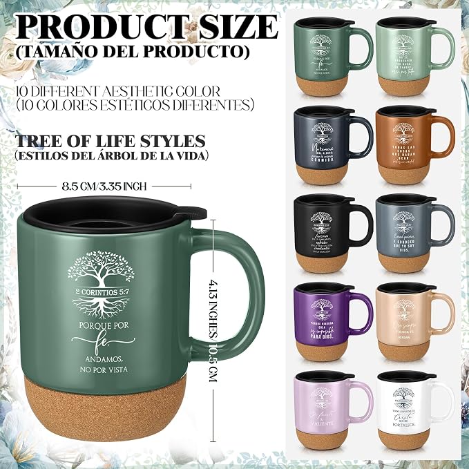 Jingmore 10 Pcs Christian Gift Bulk Religious Mugs with Bible Verse Coffee Cup 15oz for Teacher Nurse Women Men Church Member Employee Mom Dad Clergy Pastor(Spanish Tree of Life)