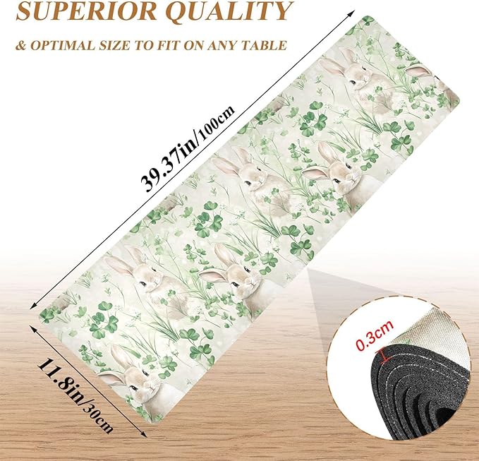 Grey Rabbit Clover Trivet Table Runner Heat Resistant 230F for Hot Dishes Pots Plates Kitchen Dining Table Protector Decorative 39.37 X 11.8 Inch