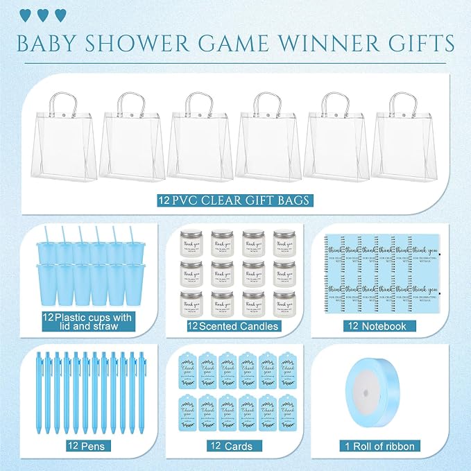 Nuogo 12 Sets New Parent Shower Prizes for Player Winners Adult, Wedding Bridal Shower Gift, Plastic Tumbler Notebook Scented Candle Ballpoint Pen Bag (Blue Color,Classic Style)