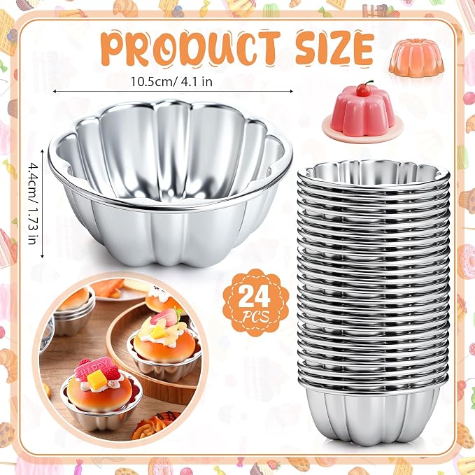 Honeydak 24 Pack Pudding Cup Pans Mini Fluted Cake Small Jelly Pans Aluminum Alloy Reusable Cake Tartlets for Baking Egg Tart Flan Cupcake Bread Muffin Brownie Pudding, Non-sticky(R-12)