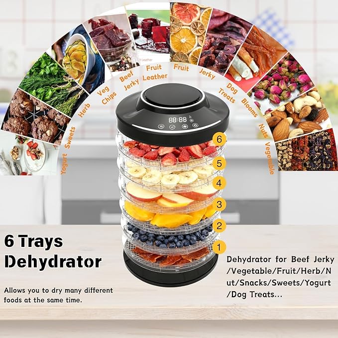 Mushroom Dehydrator,6 Trays Food Dehydrator Machine with 24H Timer, 600W 158°F Food Dryer Dehydrator for Jerky, Herbs, Meat, Fruit,Dog Treats (Black)