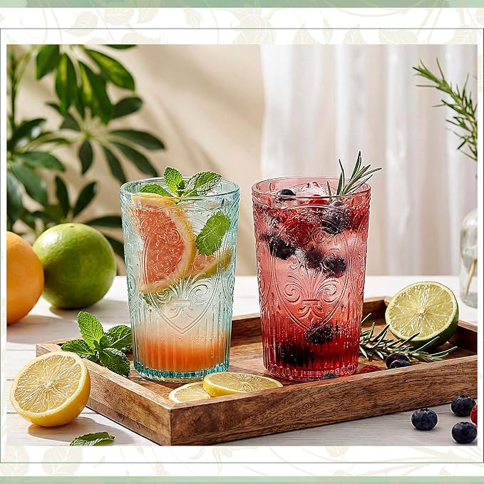 24 Pcs 16 oz Plastic Vintage Drinking Glasses Stemless Ribbed Highball Glasses Bulk Embossed Reusable Cup for Water Beer Cocktails Juice Wedding Bridal Shower Birthday Event Party (Mixed)