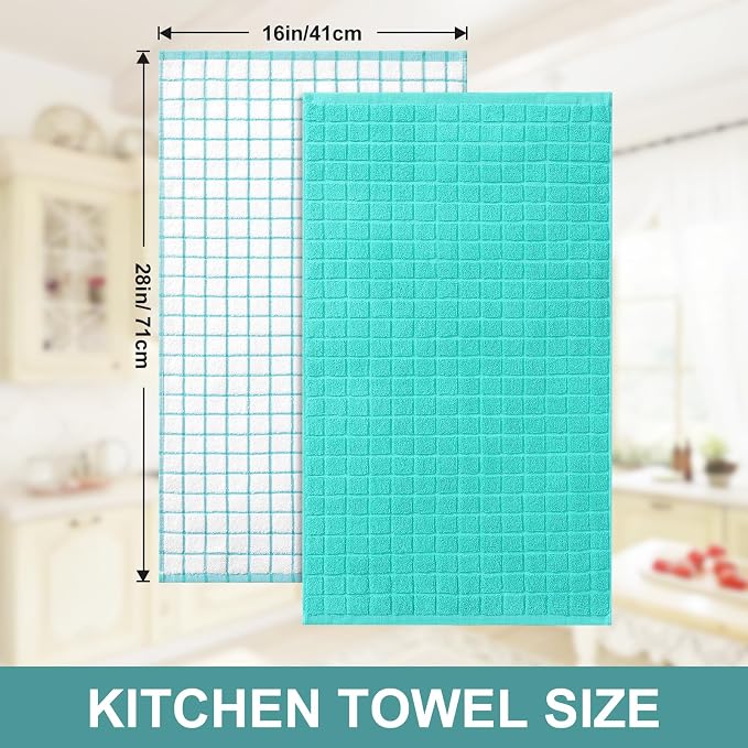 Homaxy Premium Cotton Kitchen Towels 16"x 28", Large Natural Ring Spun 390 GSM Dish Towels, Super Absorbent Terry Kitchen Hand Towels, Soft Tea Towels with Hanging Loop, Aqua Check Design, 12 Pack