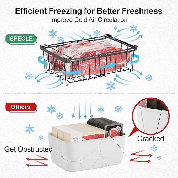 iSPECLE 4 Pack Freezer Organizer Bins - Fit 10 to 20 Cu.Ft Deep Freezer, Expandable Wire Storage Chest Freezer Baskets for Frozen Food, Stackable with Handles, Black