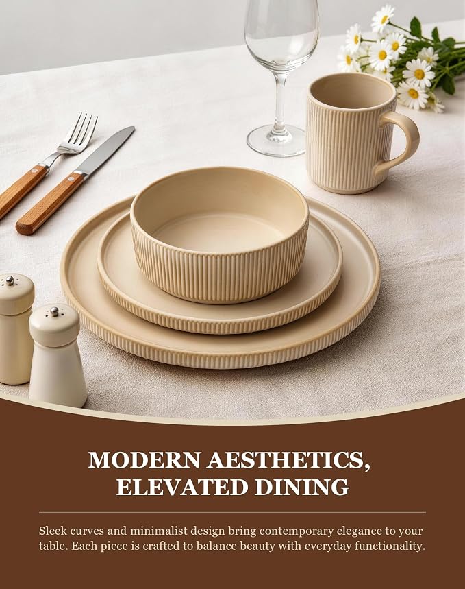 OTAGO 16-Piece Dinnerware Set for 4 with Mugs, Ribbed Stoneware Plates and Bowls Sets, Unique Handcrafted Reactive Glaze, Chip and Scratch Resistant Dish Set, Microwave & Dishwasher Safe, Yellow