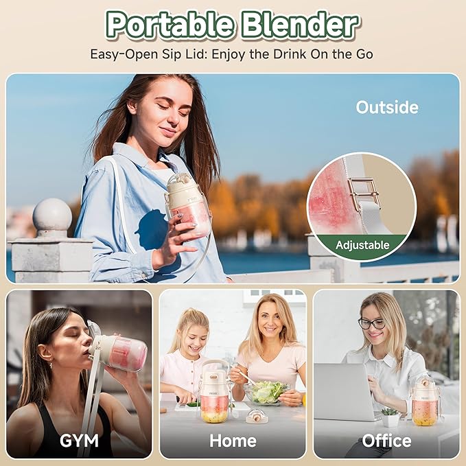 Portable Blender, Prasky Personal Blenders for Shakes and Smoothies with 27oz Cup, Lid and Shoulder Strap, Type-C USB Rechargeable, Personal Size Blenders BPA-free for Travel/Kitchen(White)