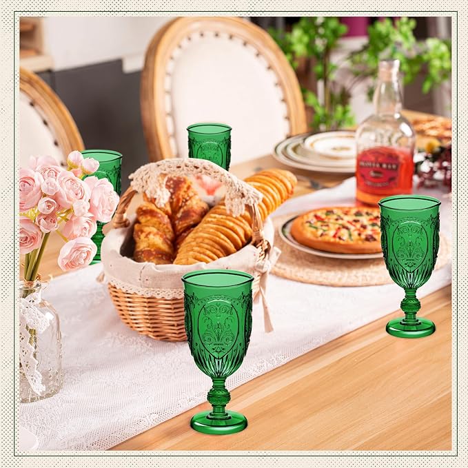 Wiwiqing 6 Pcs Plastic Goblets 7.5oz Vintage Goblet Plastic Wine Glasses Colored Retro Embossed Water Goblets for Wine Bar Juice Baby Shower Wedding Reception Grand Event Party (Dark Green)
