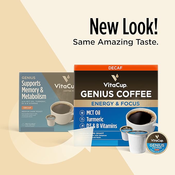 Decaf Genius Keto Coffee Pods with MCT Oil, Turmeric, and B Vitamins by VitaCup for Focus in Single Serve Pod Compatible with K-Cup Brewers Including Keurig 2.0, 32 CT