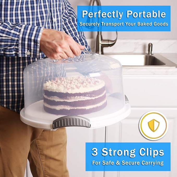 JOEY'Z EXTRA LARGE Cake Carrier - Holds up to 12 Inch 3-Layer Cake - White | Storage Container With Server Plate With Lid/Holder With Lid/Cover Clear Dome - Transports Pies or Other Desserts