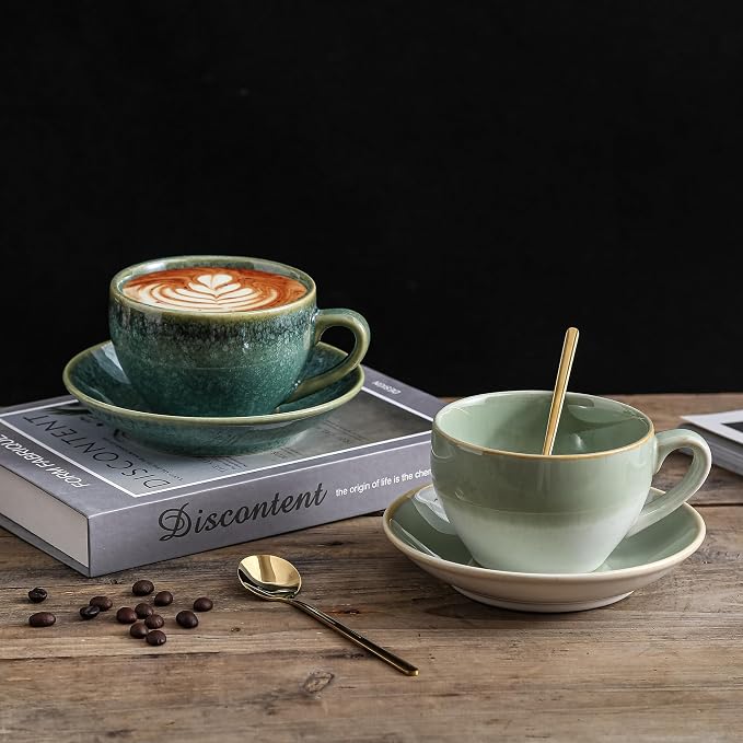 Porcelain Coffee Cup with Saucer Spoon, Vintage Design Ceramic Latte Art Cappuccino Barista Espresso Tea Cup with Saucer (11.6 oz, 350ml, White Both Green)
