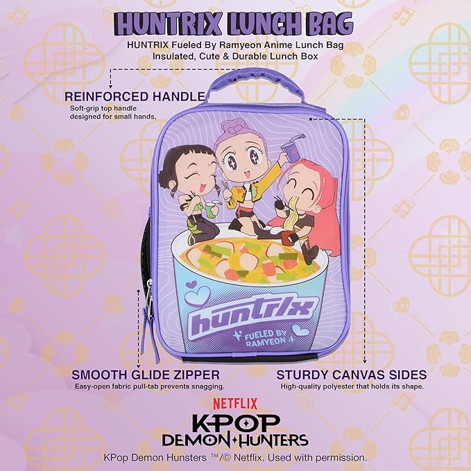 K-Pop Demon Hunters Huntrix Fueled by Ramyeon Lunch Box, Full Zip Around Insulated Lunch Tote Bag For Hot and Cold Food, Purple