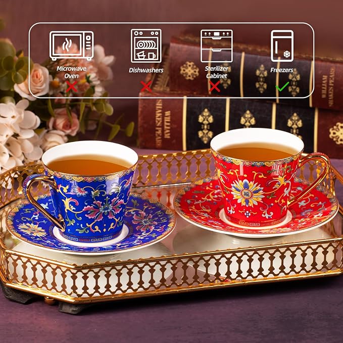 KAMMAK Tea Cups and Saucers Set of 2, Porcelain Coffee Cups, 8oz Stackable Espresso Mugs, Ceramic Demitasse for Coffee, Latte, Americano, Tea (629N+630N)