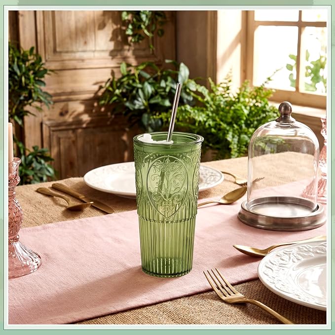 16 Set 20oz Vintage Plastic Tumbler with Lids and Straws Ribbed Floral Drinking Glasses Reusable Iced Coffee Cups for Water Juice Smoothie Cocktail Travel Party Events Gift (Green)