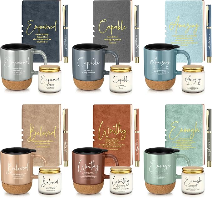 FillTouch 6 Set Christian Gifts for Women Men 15 oz Ceramic Bible Verses Coffee Mug A6 Leather Journal with Pen and Scented Candle Religious Gift for Pastor Church Sunday School(Vivid Color)
