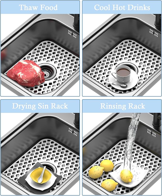 Silicone Sink Protector for Kitchen Bathroom Sink, 2 Pack 13.58"x 11.6" Heat-resistant Mat, Non-Slip and Durable Silicone Protectors, Center Drain (White)