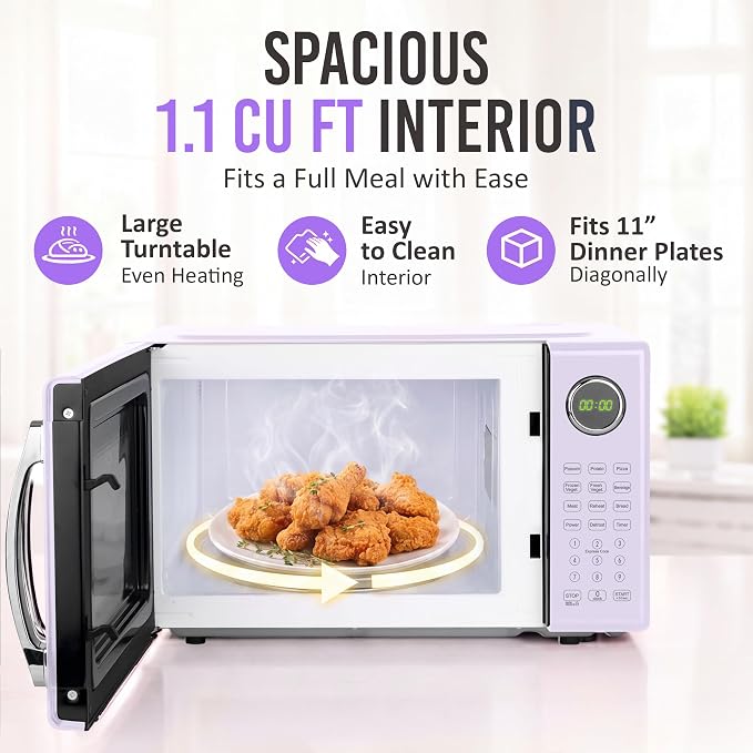 Nostalgia Modern Retro Compact Countertop Microwave Oven - 1.1 Cu. Ft. - 1000-Watts with LED Digital Display - Child Lock - Easy Clean Interior - Lavender