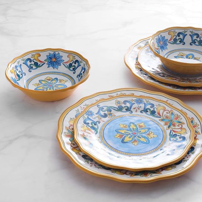 UPware 16 Piece Chianti Melamine Dinnerware Sets, Outdoor Dishes Set, Plates and Bowls Sets, Service for 4, Multicolor