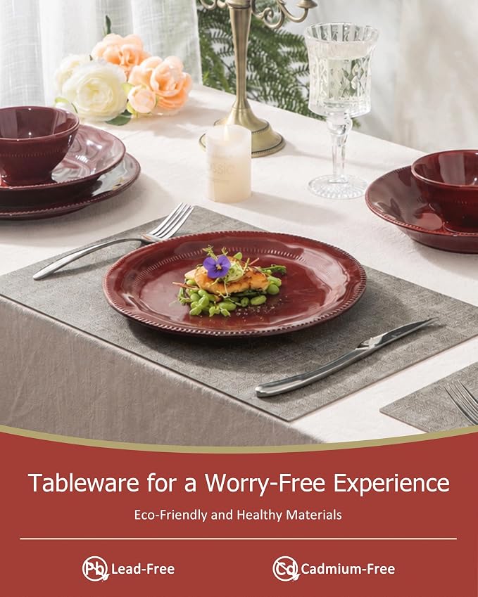 4-piece ceramic dinnerware set with active glaze, modern-shaped tableware set, suitable for kitchen, microwave, dishwasher, and oven, scratch-resistant, red
