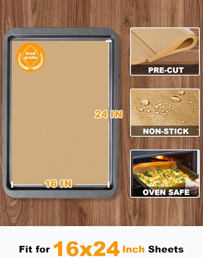 SMARTAKE 200 Pcs Parchment Paper Baking Sheets, 16x24 Inches Non-Stick Precut Baking Parchment, for Baking Grilling Air FSteaming Bread Cup Cake Cookie and More (Unbleached)
