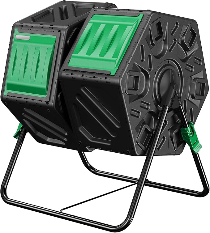 Compost Bin Outdoor, 2 Separate Tumbling Chambers, 37Gal Lagre Compost Tumbler with Sliding Door and Aeration System, 360° Rotating, Tumbling Composter Bin for Kitchen, Garden, Yard, Black Green