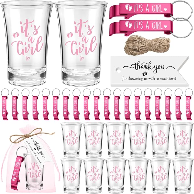 50 Sets Baby Shower Favor for Guests Acrylic Shot Glasses with Bottle Opener Keychains Thank You Tags and Bags Gender Reveal Party Favors for Guest Baby Shower Return Gift(Girl)