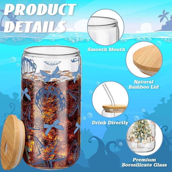 Teenyyou 12 Set of Shell Glasses with Bamboo Lid and Glass Straw 16 oz Summer Drinking Cup Beer Iced Coffee Cup Tumbler Mugs for Teacher's Day Gift Holiday Party Office