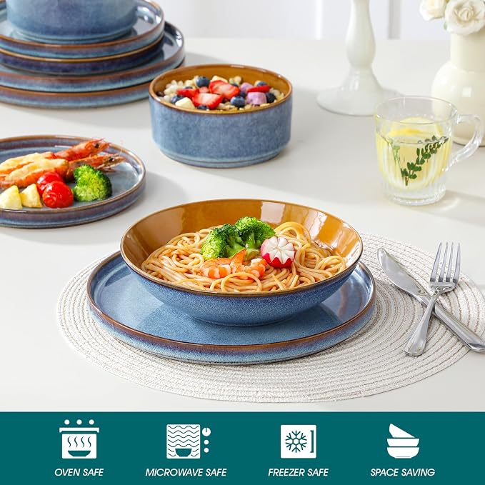 ONION Ceramic Plates and Bowls Sets for 6, 24 Pieces Stoneware Dinnerware Sets for Kitchen, Reactive Glaze Dish Set, Dishwasher and Microwave Safe, Blue