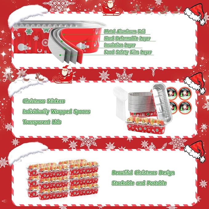 100Pack Christmas Mini Loaf Pans with Lids Mini Cake Pans with Lids and Spoons, 6.8Oz Aluminum Foil Pans Tins, Individual Dessert Cups Containers for Sales,Party,Picnics
