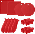 Honeydak 12 Pcs Silicone Trivet Mat and Silicone Hot Handle Holder Pack Multipurpose Non Slip Pot Holders Pot Handle Covers Heat Resistant for Kitchen Potholders Hot Dishes Jar Opener (Red)