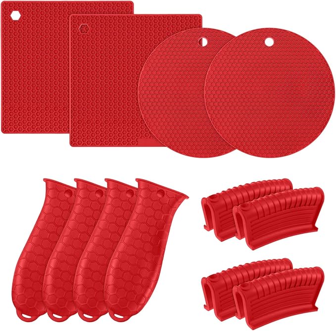 Honeydak 12 Pcs Silicone Trivet Mat and Silicone Hot Handle Holder Pack Multipurpose Non Slip Pot Holders Pot Handle Covers Heat Resistant for Kitchen Potholders Hot Dishes Jar Opener (Red)