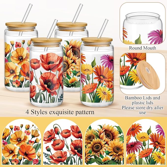Mumufy 4 Pack Wildflower Glass Cups Gift Aesthetic Cute Glass Cup Tumbler Flower Iced Coffee Mugs 16 oz with Bamboo Lid & Straw, for Wedding Birthday Bridesmaid Mom Baby Shower
