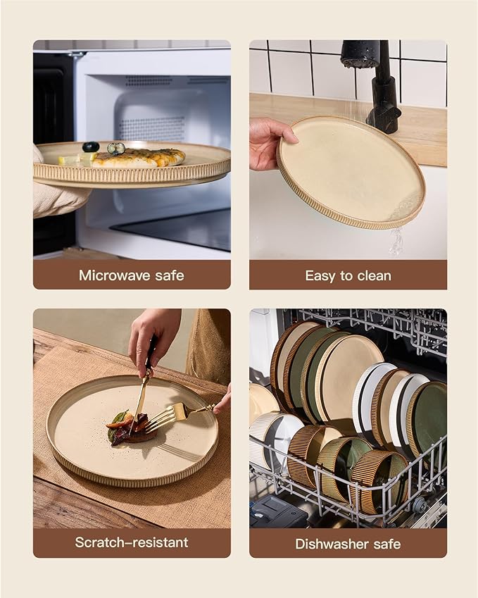 Stoneware Plates and Bowls Dishes Sets Service for 6 (18-Piece), Famiware Premium Handcrafted Reactive Glaze Dinnerware Set with Raised Rim, Scratch Resistant, Microwave Dishwasher Safe, Cream