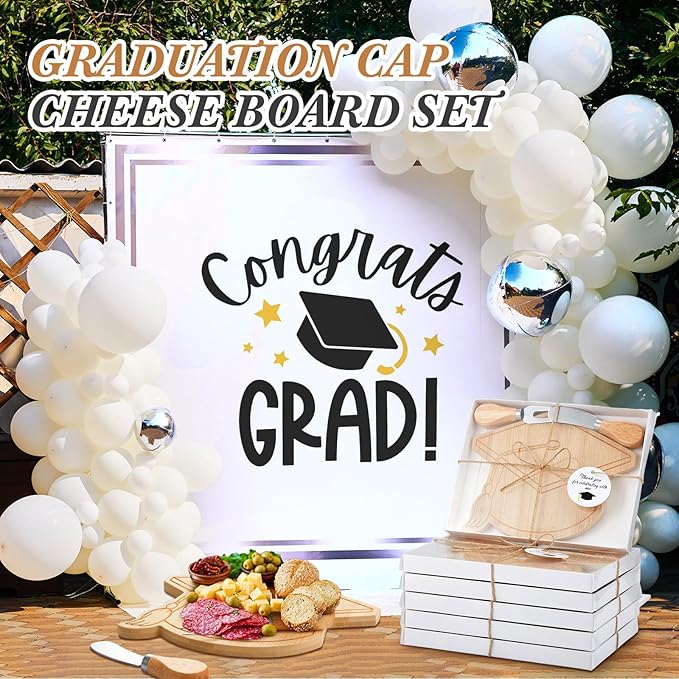 Ziliny 12 Sets Graduation Party Favors Graduation Cap Cheese Board Set with Knives Forks Gift Box for 2026 Class School Party