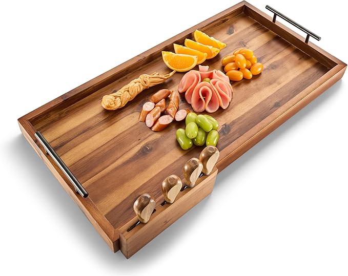 TIDITA 24" Large Charcuterie Tray with Handles, Extra Long Wooden Serving Cheese Boards - Serving Platter for Meat, Party Appetizers, Outdoor & Fruits Display (Acacia Wood)