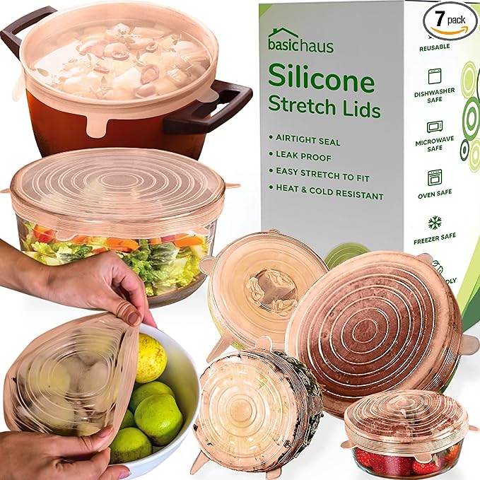 Reusable Silicone Stretch Lids for Food Storage in Fridge - Elastic Heat-Resistant Bowl Covers, Cups, Cans, Jars - Universal Food Grade Lid for Containers - 7 Pack - Apricot Stretchy Lid Set