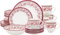 Tudor Royal Collection 30 Piece Round Dinnerware Set, Service for 6, Aster Pink Design, Red Floral, Plates Bowls Saucers Mugs Dishes, High Gloss Premium Quality