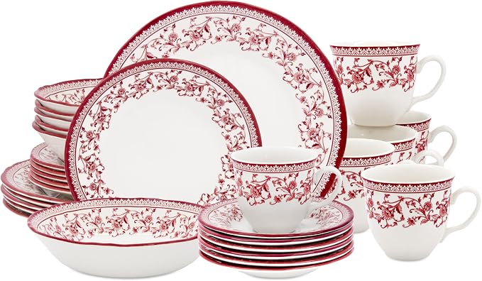 Tudor Royal Collection 30 Piece Round Dinnerware Set, Service for 6, Aster Pink Design, Red Floral, Plates Bowls Saucers Mugs Dishes, High Gloss Premium Quality