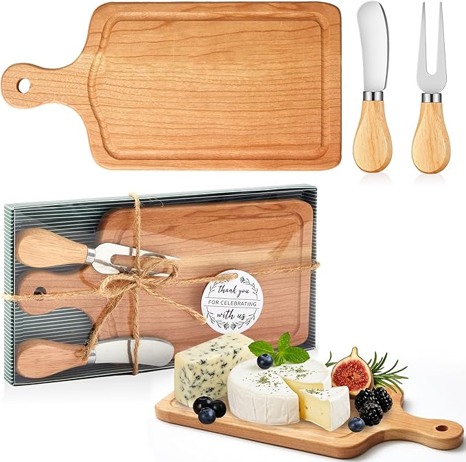 Ziliny 1 Set Bridal Baby Shower Cheese Prizes Wooden Square Board Gift Set Knives Forks Thank You Tags with Box for Guests for Valentines Bridal Baby Shower Housewarming (Cherry Wood)