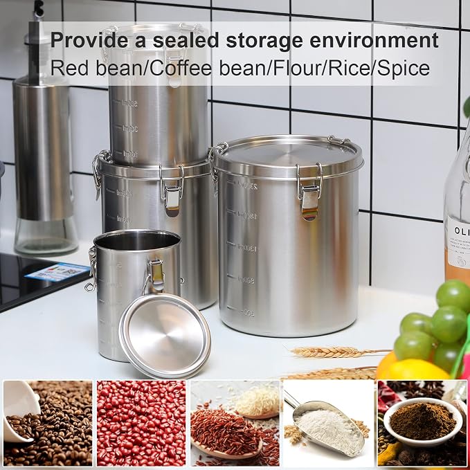 Sabary 4 Pcs Stainless Steel Airtight Food Containers for Kitchen 84oz 54oz 34oz 17oz Coffee Bean Flour Sugar Tea Cereal Cookie Metal Food Storage Canisters with Lids and Sturdy Locking Clamp