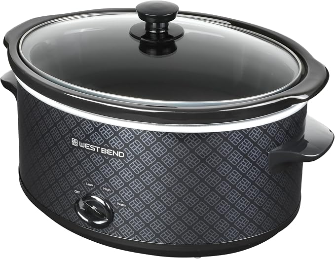West Bend Slow Cooker 6-Quart Manual Crockery Style with Dishwasher Safe Oval Ceramic Crockpot and Glass Lid Two Temperature Settings Plus Keep Warm, 330-Watts, Black