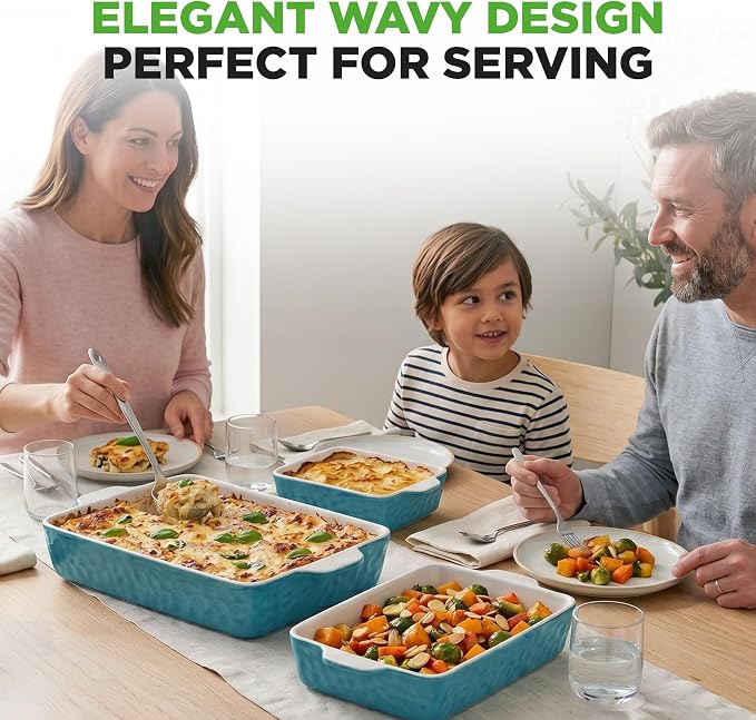 NutriChef 3-pc Casserole Dish Set for Oven, Ceramic Lasagna Baking Dishes, Deep Serving Dish with Handles - Aqua, (14.7"/ 10.8"/ 7.9")