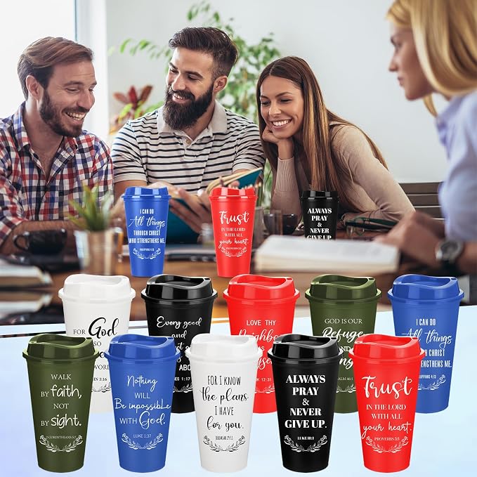 Skylety 20 Pack Bulk Christian Gifts for Men Women 16oz Reusable Bible Verse Tumbler Plastic Coffee Cup with Lid Inspirational Religious Church Gift for Teacher Graduation Party Favor (Bold Color)
