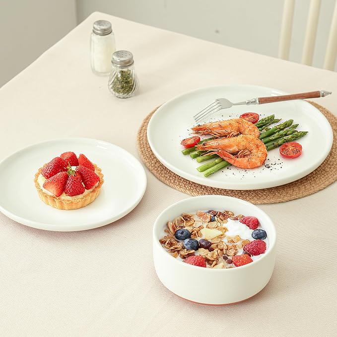 6 Piece Dinnerware Set, Dual Glaze Stoneware Plates and Bowls Sets, Modern Dinner Plate, Salad Plate, Cereal Bowl, Dish Set for 2, Microwave and Dishwasher Safe, Stardust Glaze White