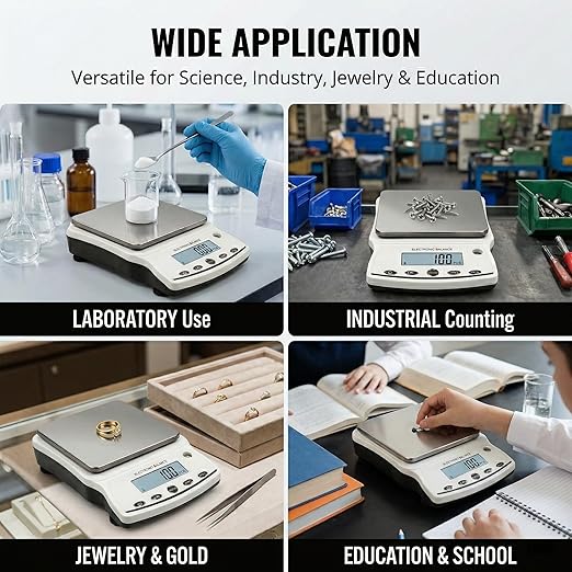 RESHY Lab Scale 5000g x 0.01g, High Precision Digital Analytical Balance with Calibration Weights, 0.01g Accuracy Scientific Gram Scale for Jewelry, Kitchen, Food, Powder, Chemical Use