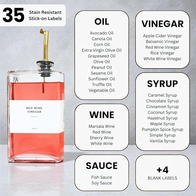 The Oil Library | Glass Oil & Vinegar Bottles with 100% Acacia Wood Stand | 4 Containers, 5 Gold Nozzles & 35 Stain-Resistant Labels | Countertop Display Set