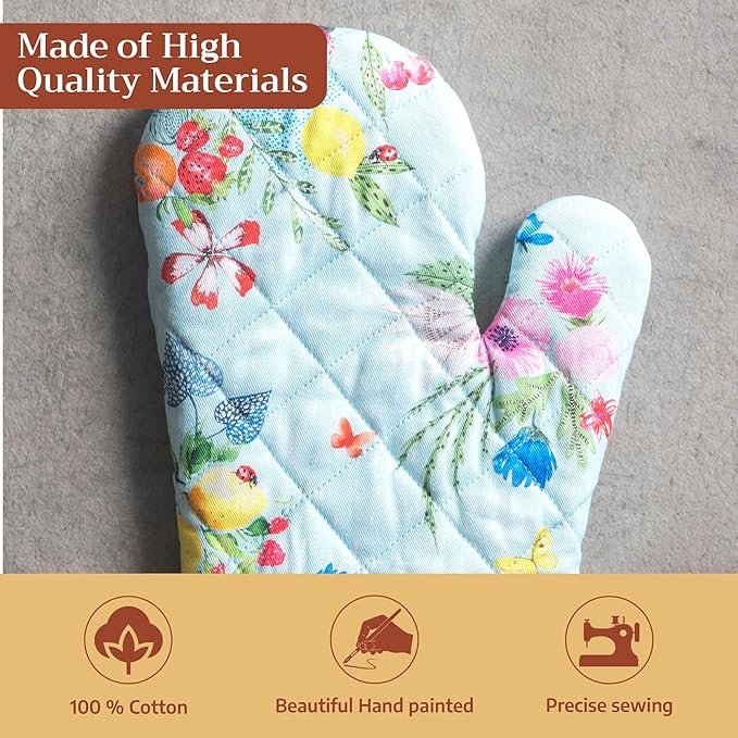 Maison d'Hermine Oven Gloves 100% Cotton Oven Mitt 7" x 13" with Loop Heat Resistant BBQ Cooking Gloves Baking Grilling Gifts for Mothers Day Spring/Summer (Pack of 1, Jardin D'Ete - Mint)