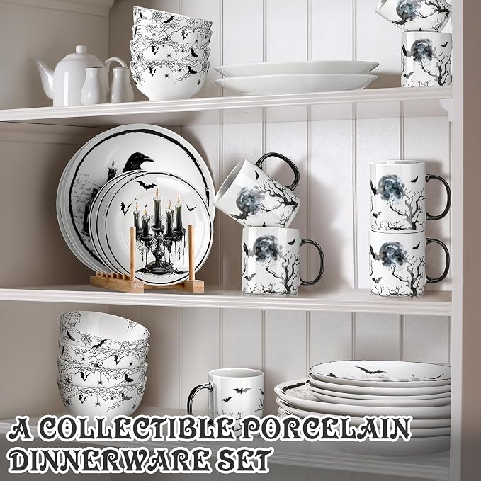 Pickmesh 16 Pcs Halloween Gothic Ceramic Dinnerware Serve for 4 Guest Holiday Dinner Festive Collection Gifts Spooky Kitchen Decoration Holly Ivy Dessert Plate Bowl Mug for Holiday Party